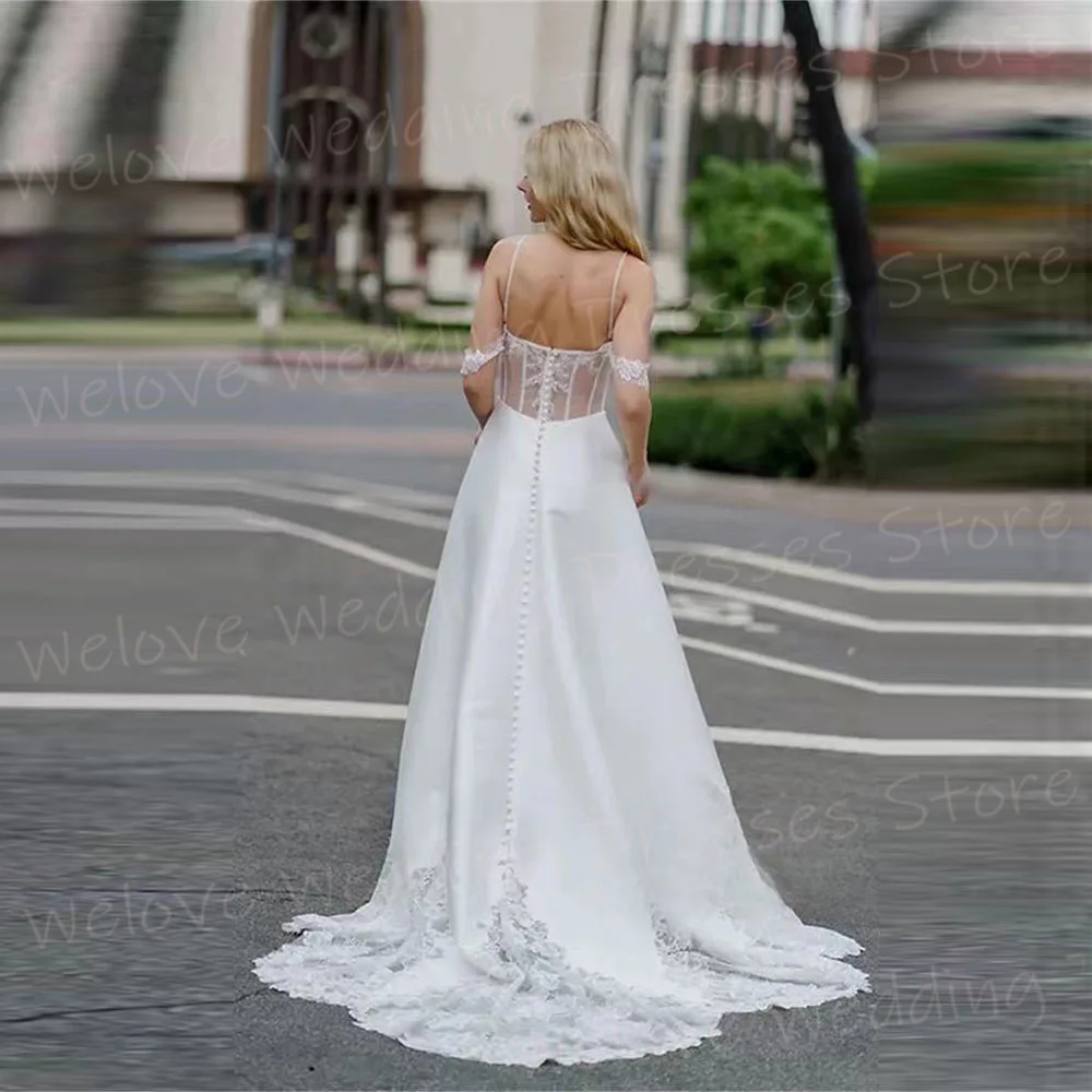 2025 hermosos vestidos De novia De línea A para mujer, tirantes finos, vestidos De novia personalizados, Apliques De encaje, Vestido De novia sin espalda