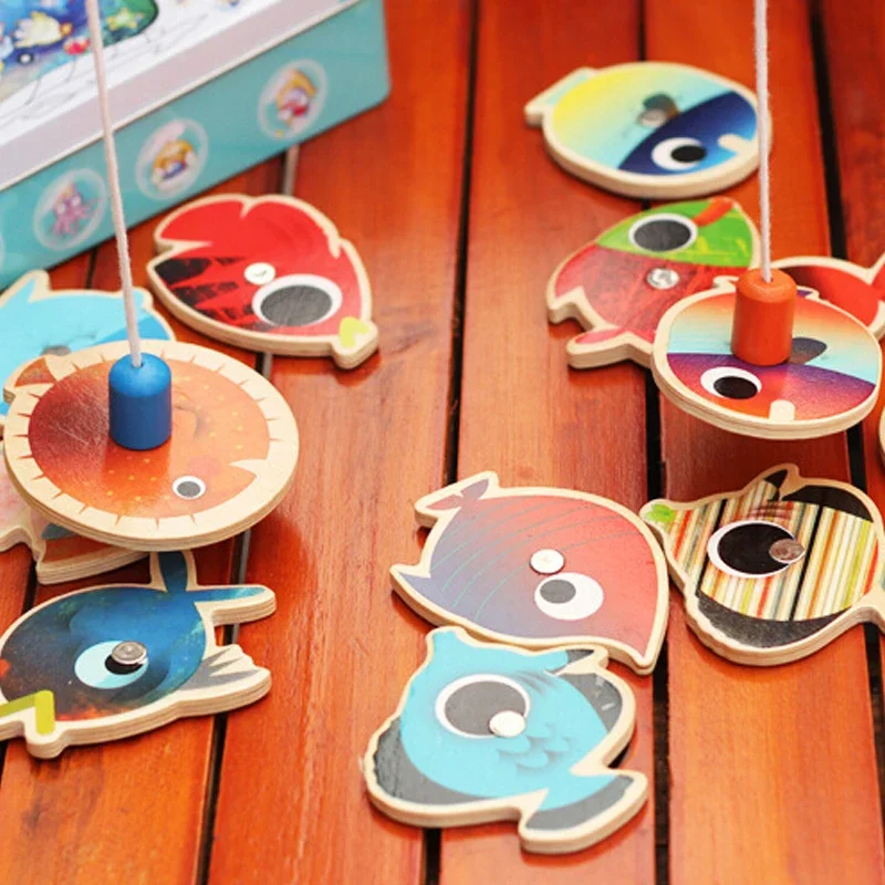 14 Fishes + 2 Fishing Rods Wooden Children Toys Fish Magnetic Pesca Play Game Tin Box Kids Educational Toy Boy girl