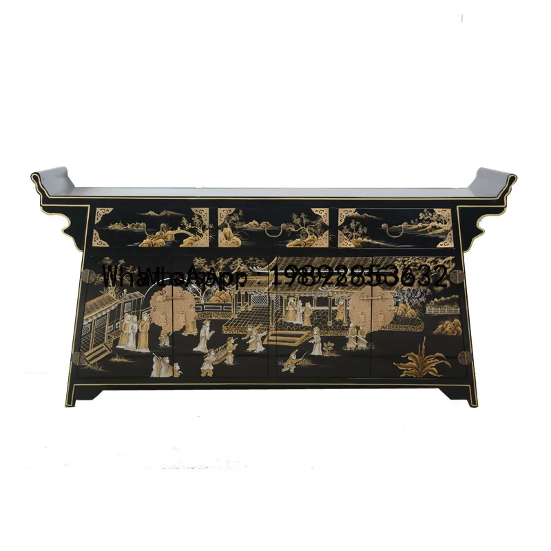 Z1   Antique Hand-painted Entrance Cabinet Qingming Riverside Scene Decorative Cabinet Raised Head Gold-painted   Wood Sideboard