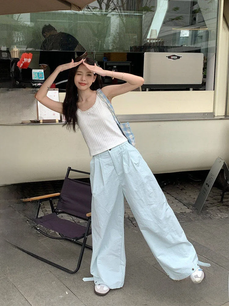 

Синие повседневные широкие брюки для женщин, летние, тонкие, свободные, в пол, в стиле Song Zhengen, для работы, с высокой талией, длинные