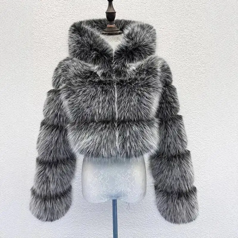 S-6XL Women Coat Autumn Winter Short Hooded Faux Fox Fur Coat Thick Warm Outerwear Fake Fur Woman Jackets Ladies Furry Coats