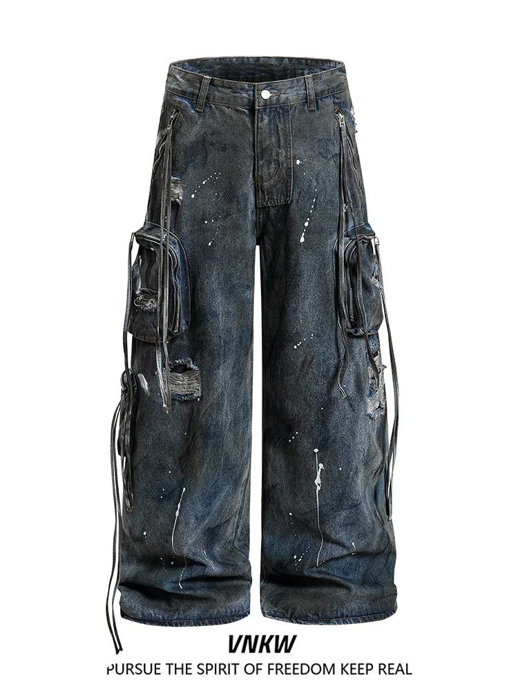 

American Style Workwear Jeans Men's Loose Straight Leg Heavy Distressed Wide Leg Pants Casual Straight Tube Long Trousers