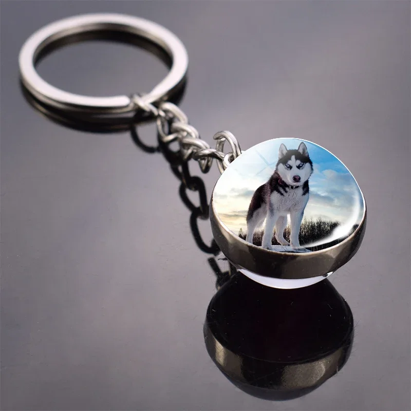 Animal Key Chain Siberian Husky Key Ring  Double Side Glass Ball Keychain Dog Keyring Animals Jewelry