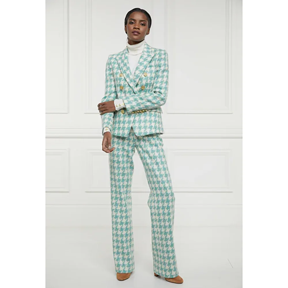 Slim Elegant Houndstooth Double Breasted Women Blazer Sets Pants Suits Two Pieces Custom Made Straight Clothing