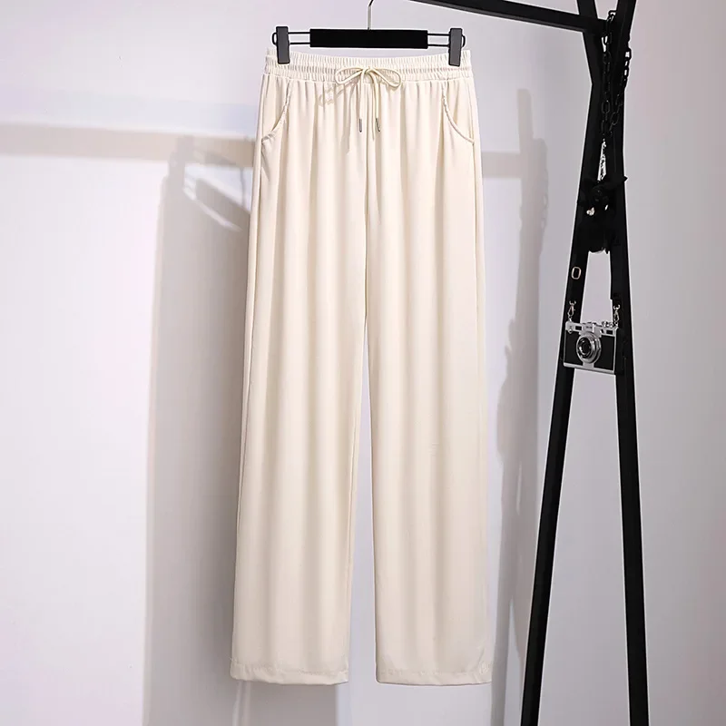 100/175kg Big Size Women Clothing Wide Legs Pants Show Thin Summer High Waist Straight Tube Pants Loose Ice Silk Cropped Pants