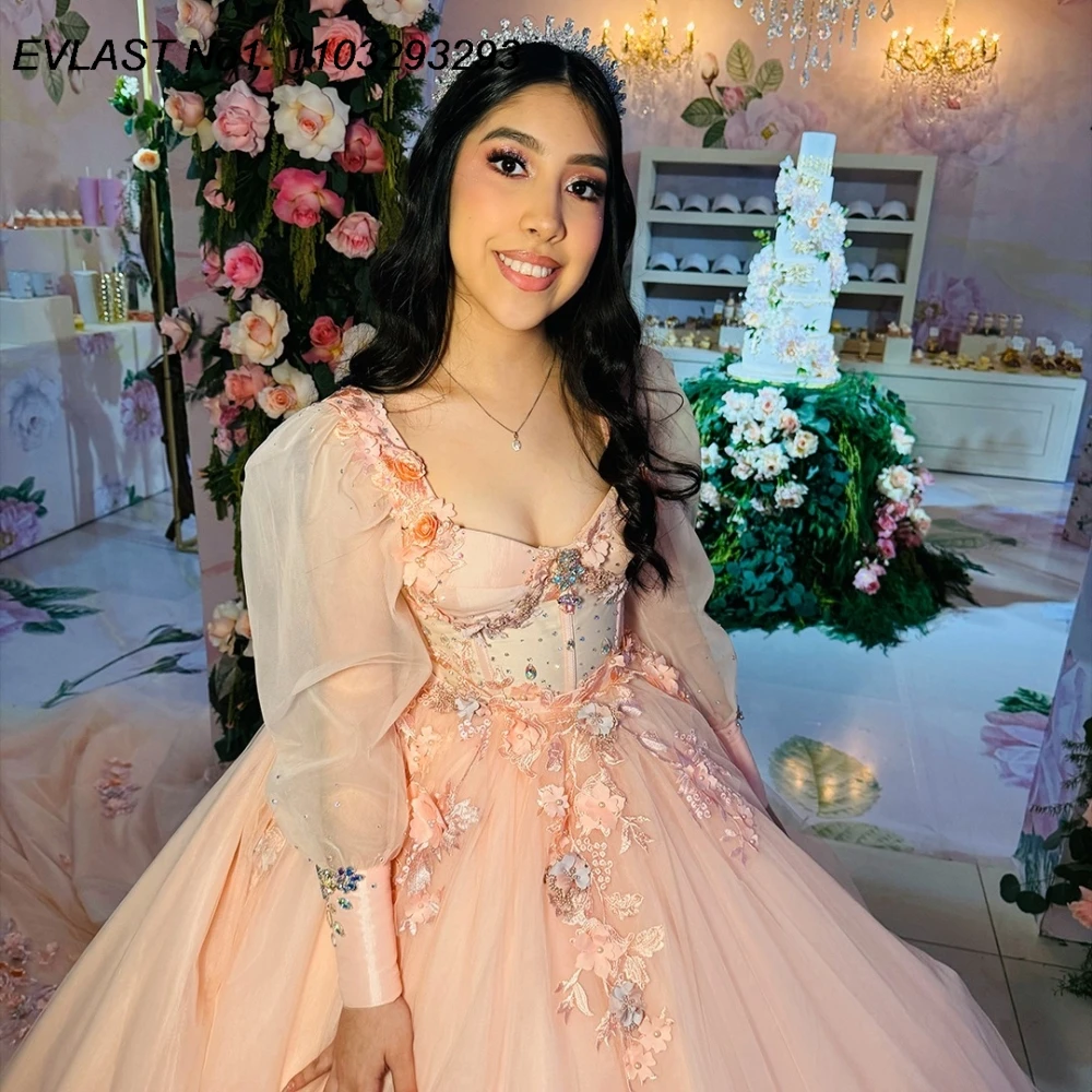 EVLAST Customized Mexican Pink Quinceanera Dress Ball Gown Floral Applique Beads Corset Corset Sweet 16 Vestido De 15 Anos E1Q67