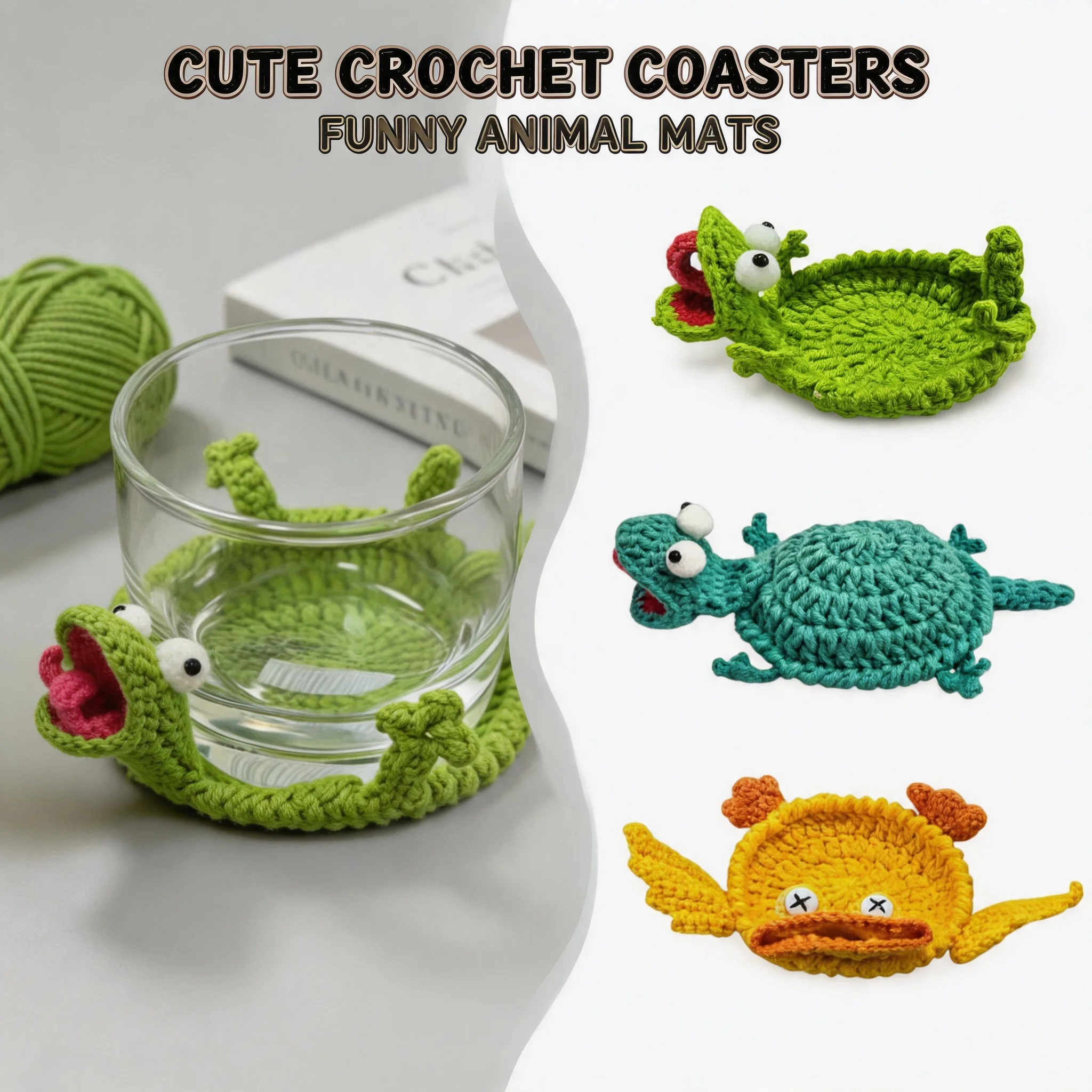 Knitted Crochet Lizard Coaster Cute 3D Amigurumi Animal Handmade DIY Cup Mat Drink Coaster for Home Desktop Tabletop Decor Gift