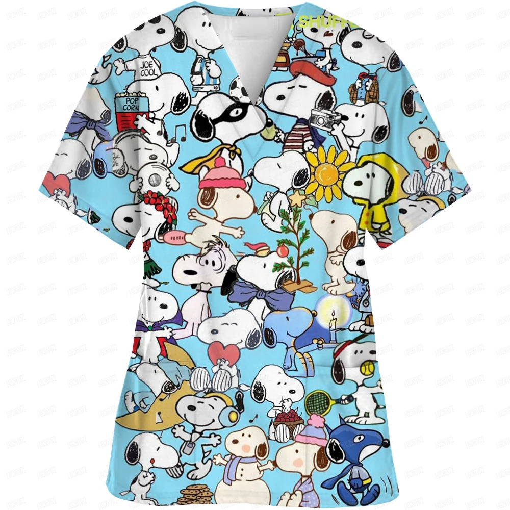 Nurse Uniform Women Short Sleeve Snoopy print Working Uniform Pocket Blouse Scrubs Tops Nursing Medical Uniforms Accessories