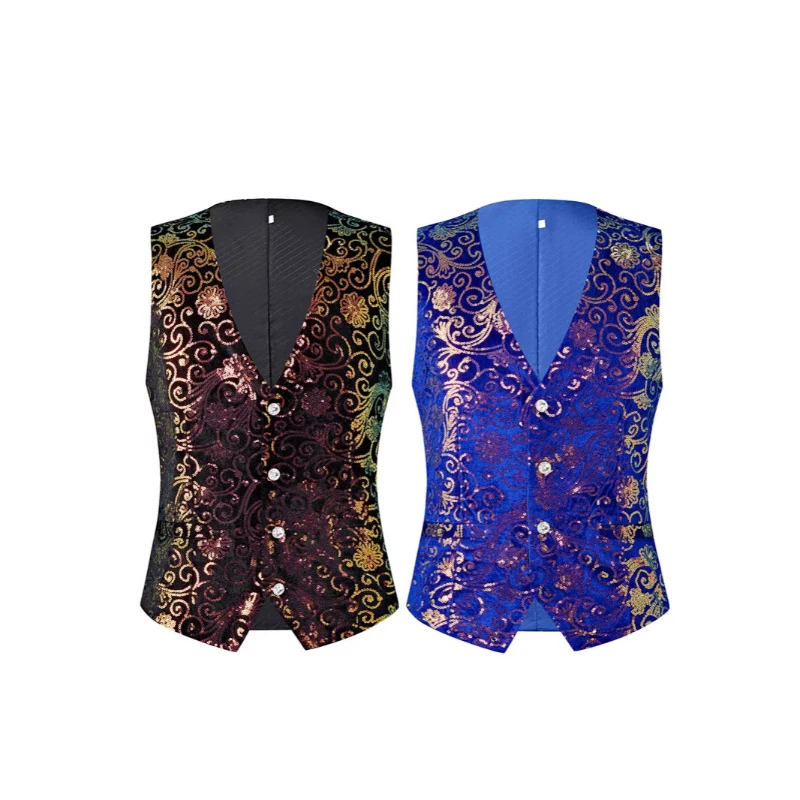 2024 New Black/blue Gradient Velvet Cloud Pattern Small Sequin V-neck Mens Vests, Host Singer Stage Dress Performance Waistcoat