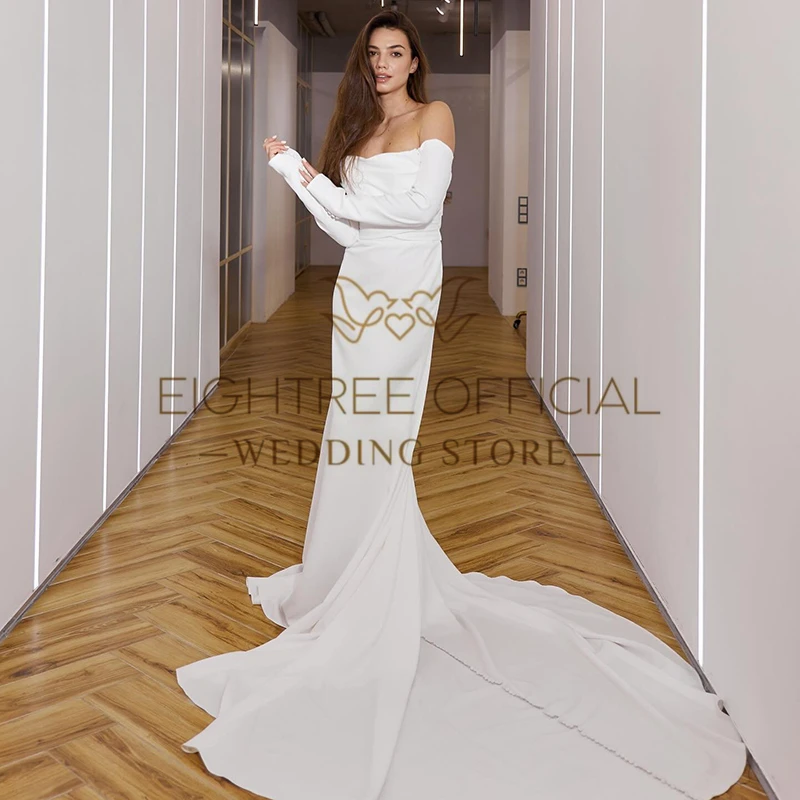 Eightree Formal White Wedding Dresses Off The Shoulder Satin Bridal Dress Long Sleeve Mermaid Princess Wedding Gowns Plus Size