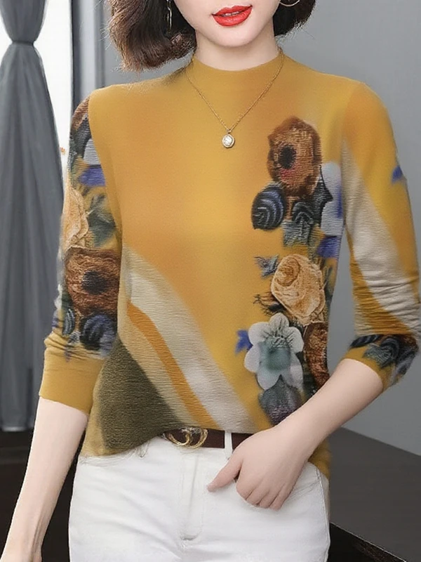 

Утепленная флисовая кофта с длинным рукавом и принтом, с воротником-стойкой, утягивающая, омолаживающая, для женщин среднего возраста, модная одежда для мам