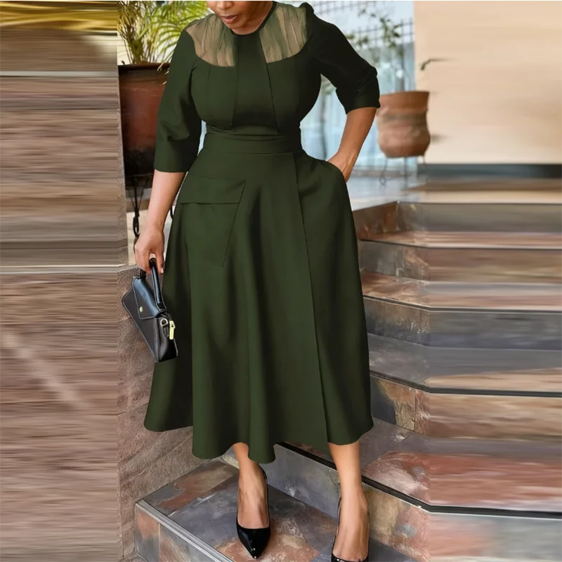 2025年トレンド　Oネック半袖ワンピース　秋　エレガント　メッシュパッチワーク　ハイウエストロングワンピース　カジュアルポケット付き　無地Aラインワンピース