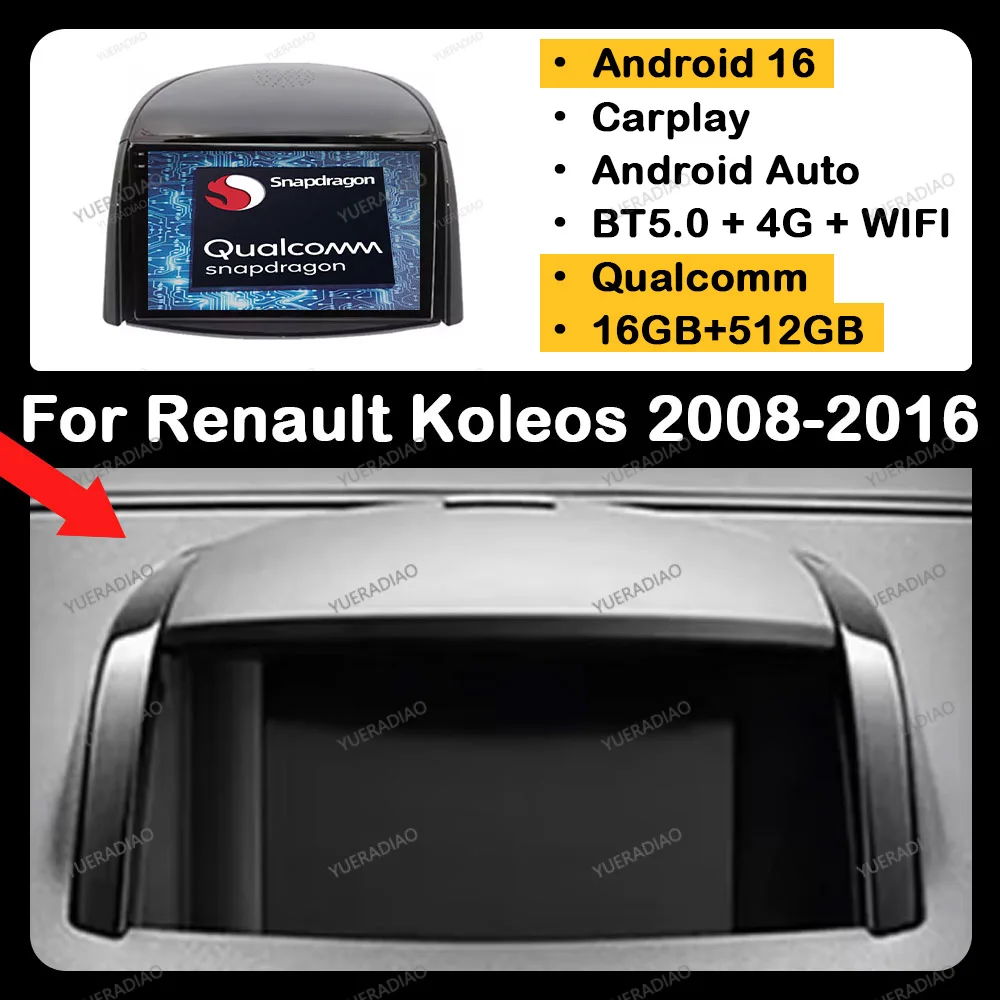 Rádio Automotivo Android 16 para Renault Koleos 2008 - 2016, Reprodutor Multimídia de Vídeo, 4G LTE, 5G WIFI, Qualcomm, Bluetooth, GPS, Navegação, Unidade Principal 2DIN