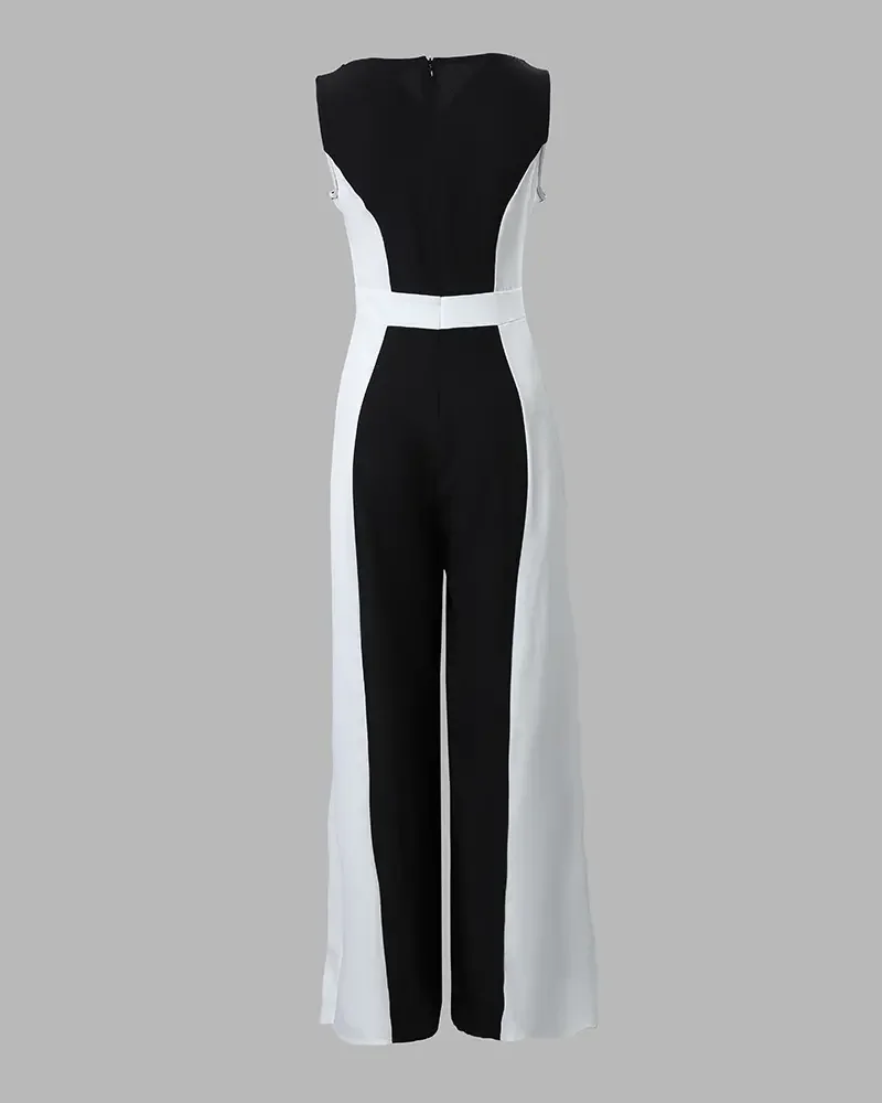 Elegant Work Office Lady Jumpsuit for Women 2023 Colorblock Sleeveless V-Neck Wide Leg Jumpsuit Without Belt