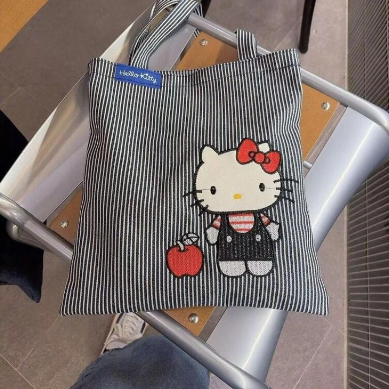 

Новая женская сумка через плечо Kitty: универсальная джинсовая сумка-тоут с вышивкой и милым мультяшным рисунком, большая вместительная простая сумка-тоут для девушек