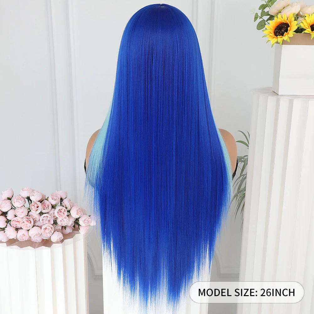 Blue Skunk Stripe Synthetic Lace Front Wig 13x4 Light Blue Highlights Streaks Lace Front Wigs Long Straight Hair Pre Plucked Wig