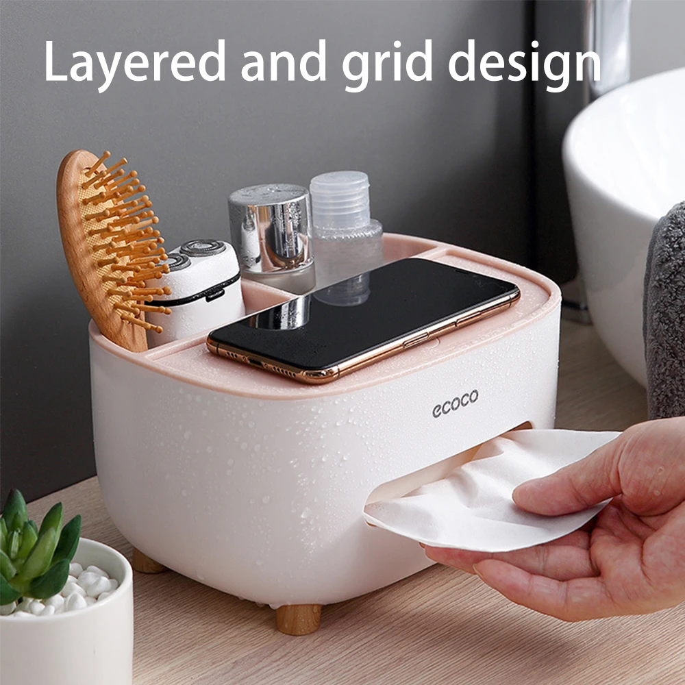 Multifunctional Desktop Tissue Box Holder with Hidden Phone Stand,Multi‑Compartment Remote Control Storage Organizer