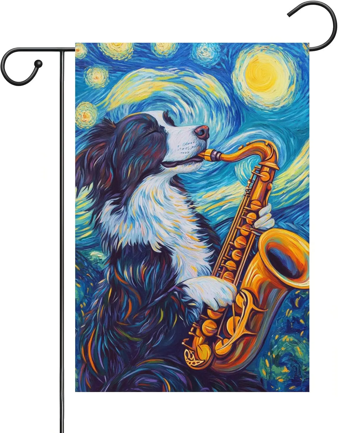 Oil Painting Border Collie Playing saxophone Garden Flag, 12x18 Inch Double Sided Burlap Lawn Yard Flag, Animal Lover Gift f AAS