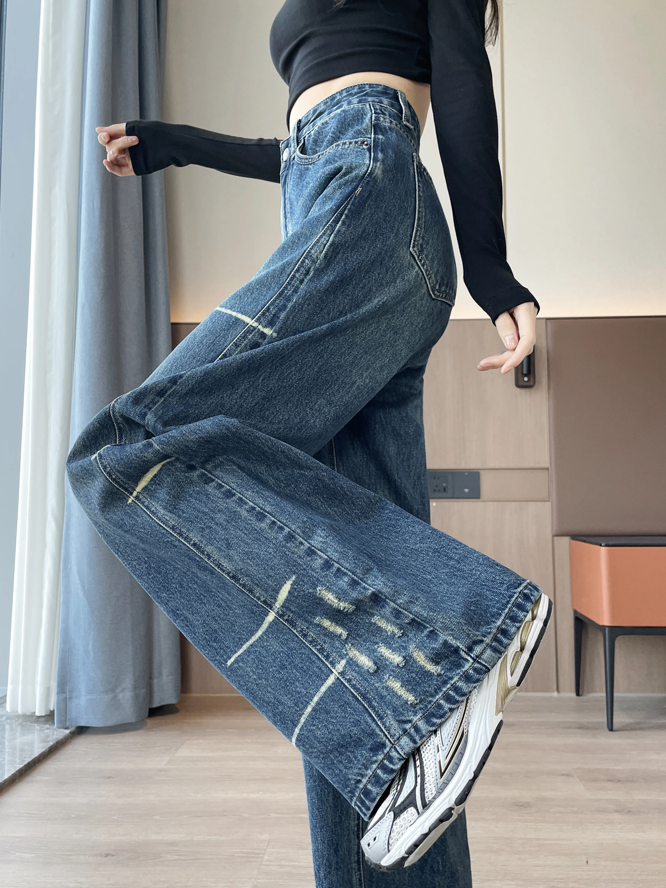 

Ретро-джинсы в американском стиле, синие, с эффектом потертости, женские, свободные, прямые, с высокой талией, широкие штанины, повседневные джинсы из денима с высокой талией