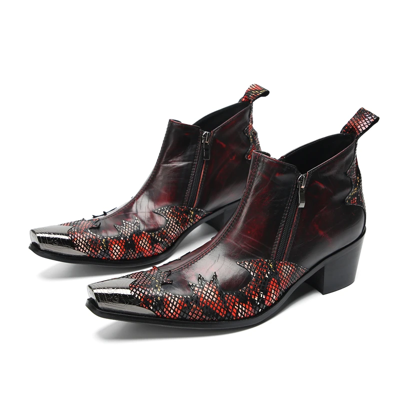 

Nightclub Cowboy Men Metal Square Toe Formal Dress Boots Plus Size Male Zipper Party Short Boots Genuine Leather Ankle Boots