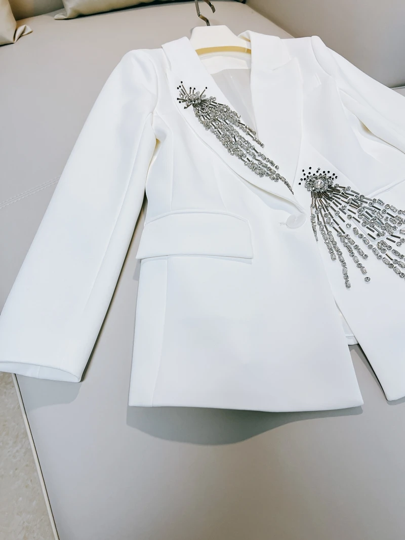 Lingzhi Wu French Vintage British Top Quality Blazer White Handmade Beading Diamond Top Outerwear  Female New Arrival