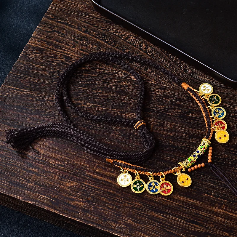 جديد التبتية نمط توالت القطن الرجال والنساء القلائد Tianzhu مرسومة باليد Tangka خمسة مسارات إله الثروة المنسوجة حبل Sw الحظ #4