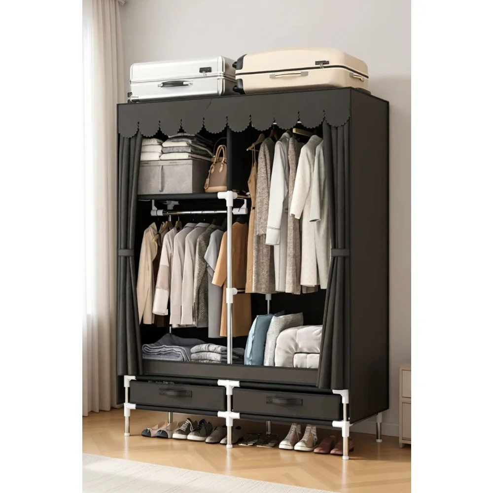 

Portable Closet with Drawers and Dual Rods Bedroom Storage Organizer with Dust Cover Brown 39 Inch