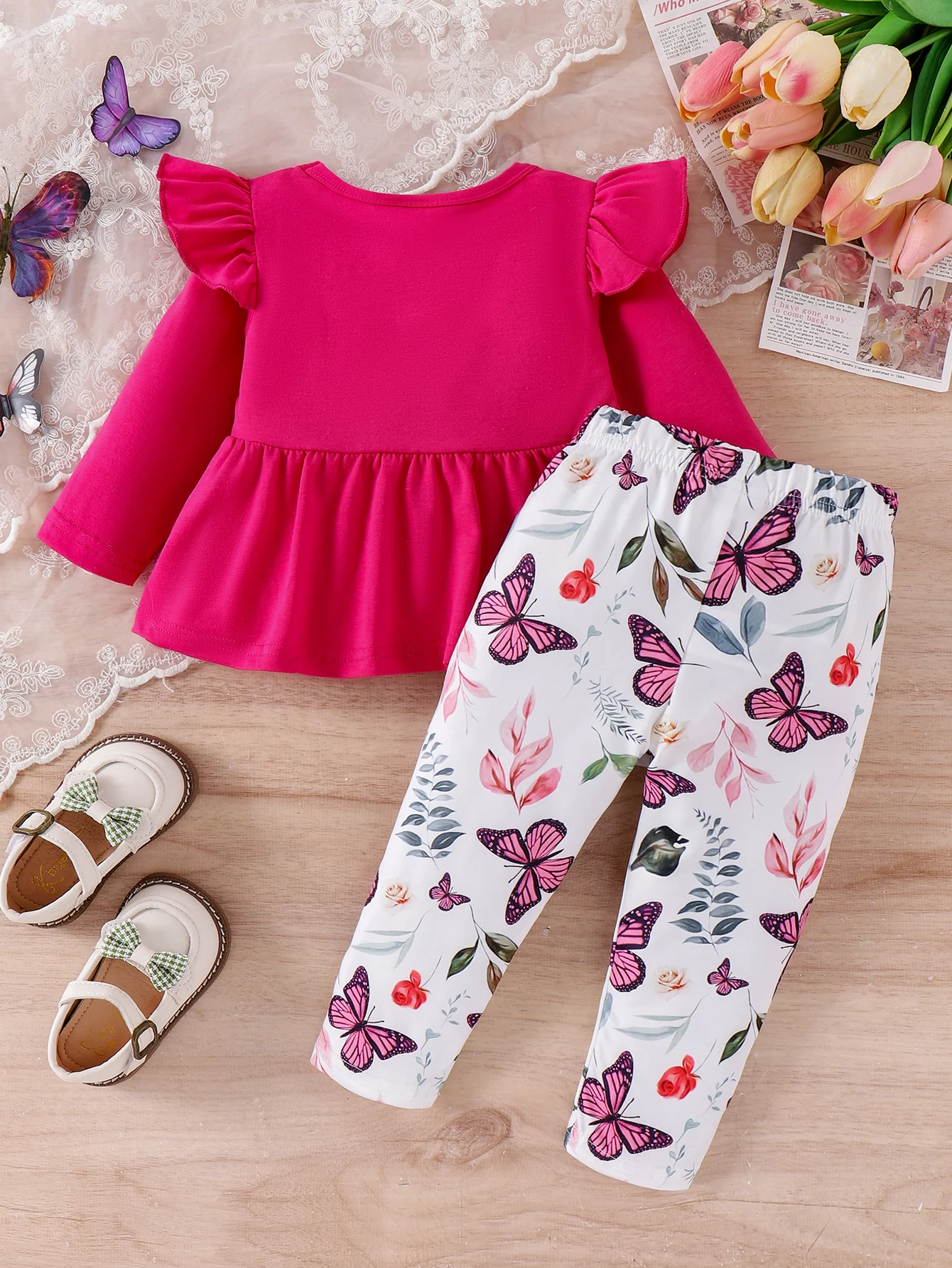 2PCS In autumn, comfortable sweet and lovely round-collar rose red top + butterfly printed pantsuit for girls aged 0-3