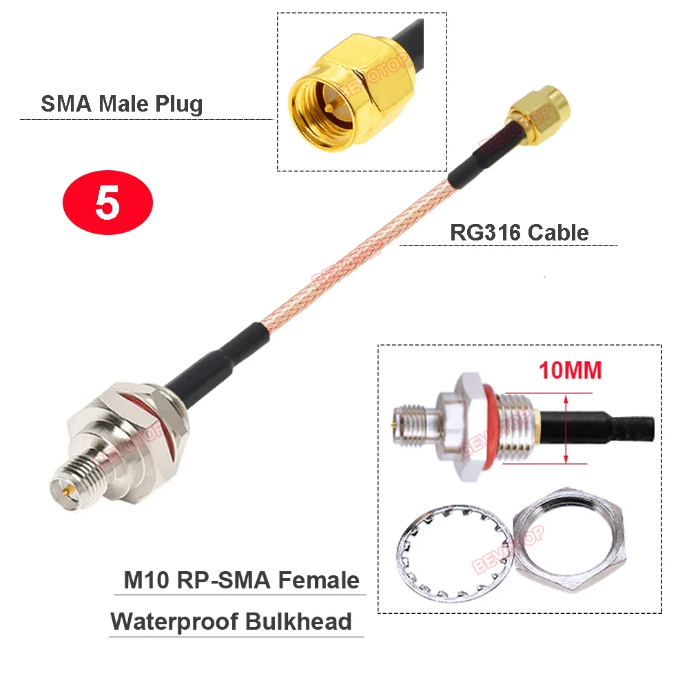 Imagem -05 - Bevotop-cabo de Jumper Coaxial rf Impermeável M10 Sma Rp-sma Anteparo Feminino para Rp-sma Masculino 50ohm Rg316 M10 10 Pcs Lot