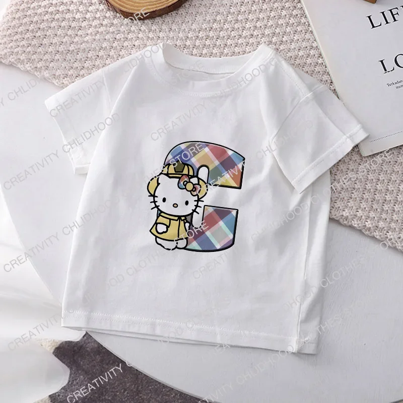 HelloKittys-Camiseta infantil, letra A, B, C, D Camisetas de desenho animado Kawaii Anime para crianças, roupas casuais para menino e menina, tops roupas infantis