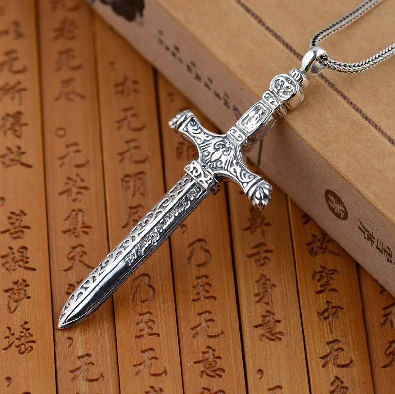 

S925 Silver Sword Pendant Necklace Men's Sword-Shaped Carved Necklace Sword of Damocles