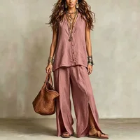 Summer Lazy Style Suit Women's Solid Color Sleeveless V-neck Top Split Draped Wide Leg Pants Two-piece Set for Seaside Holiday - Image 4