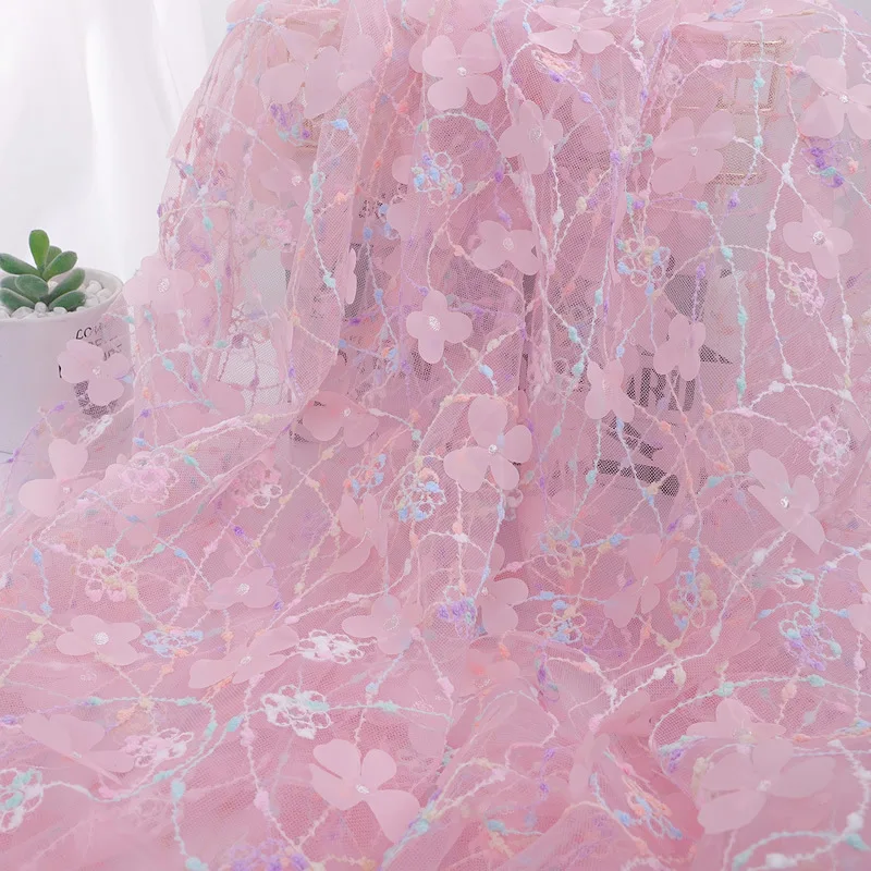 Rainbow Cord Embroidery 3D Solid Color Floral Mesh Fabric For Kids Dress Gift Box Decor Floral Embroidered Cloth Accessory