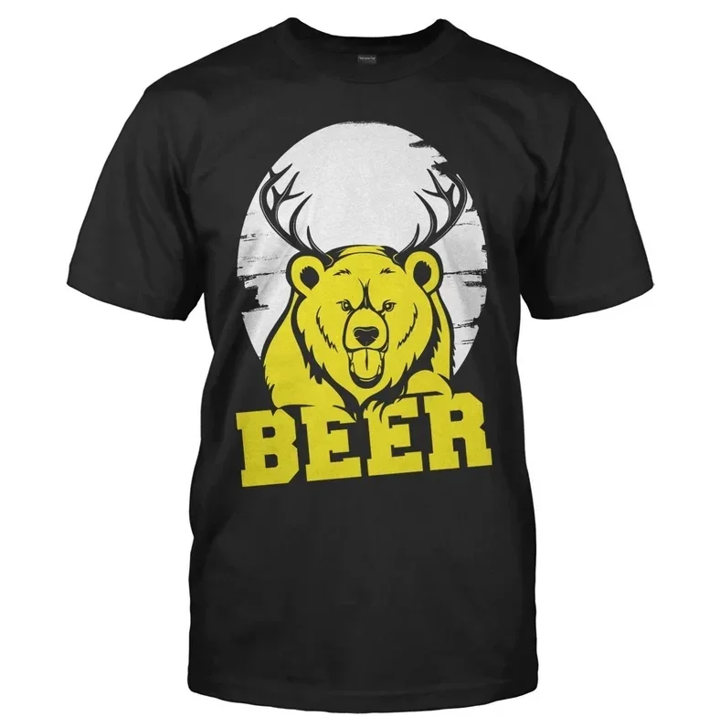 Bear + Deer = Beer Creative antler Bear Graphic Printed T-Shirt 100% Cotton O-Neck Short Sleeve Casual Mens T-shirt Size S-3XL