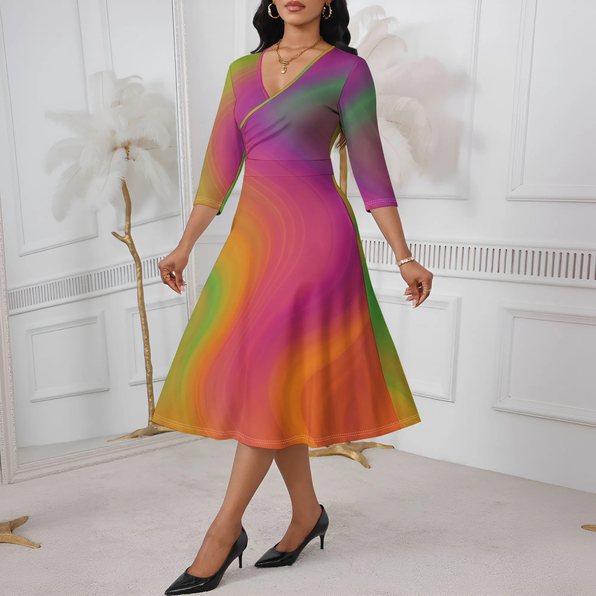 

Gradient Rainbow Midi Dress XS-3XL Artistic V-Neck Style for Summer Brunch, Art Gallery Look or Streetwear