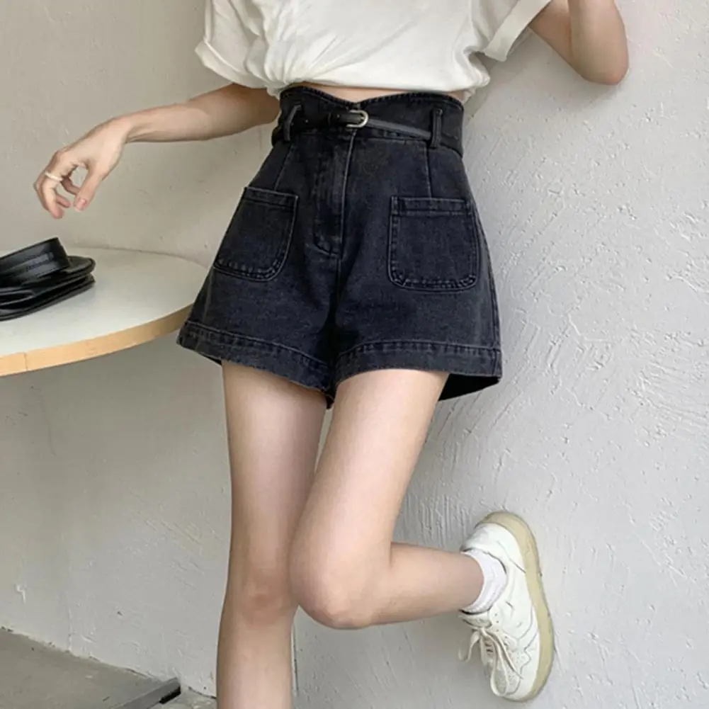 Women Denim Shorts Stylish High Waist Denim Cargo Shorts for Women Stretchy Wide Leg Summer Shorts with Pockets Zipper for A