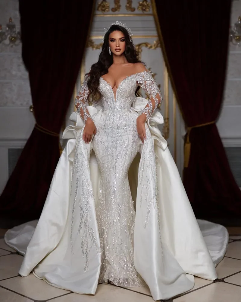 

Luxury Beads Crystal Sequins Wedding Dresses with Detachable Train Gorgeous Off the Shoulder Court Train White Bride Dresses