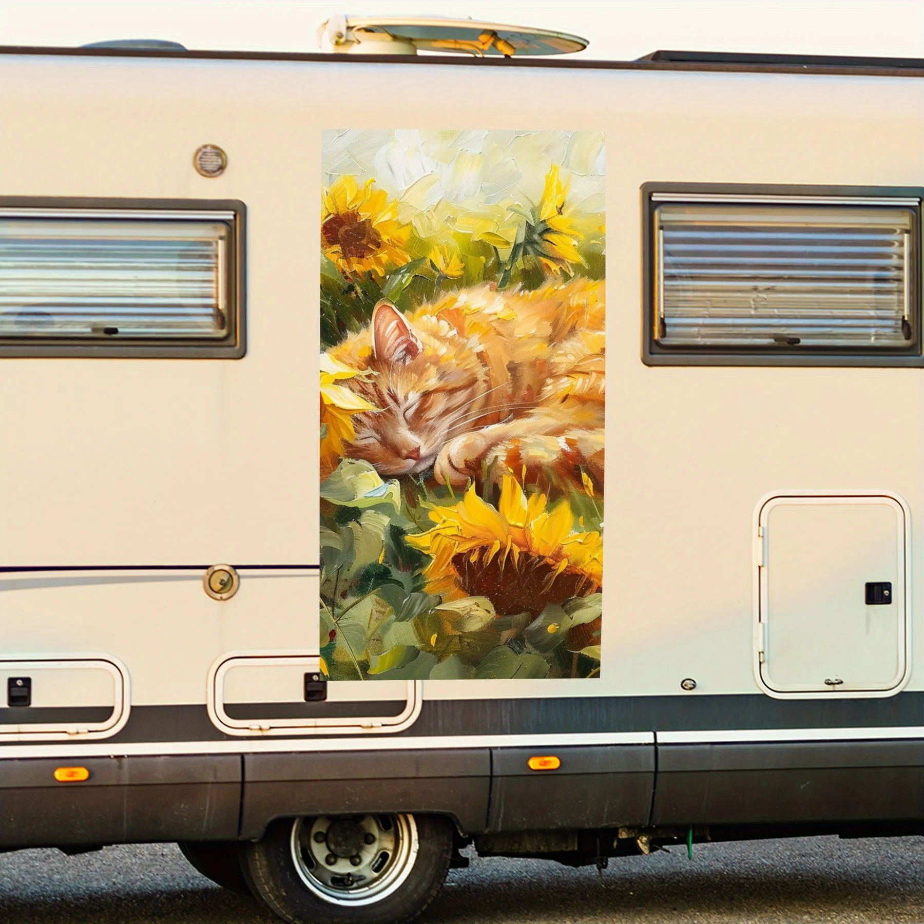Cat in Sunflower Field ArtCar Sticker,Vinyl decal on the side of the motor home, waterproof self-adhesive vinyl sticker on the s