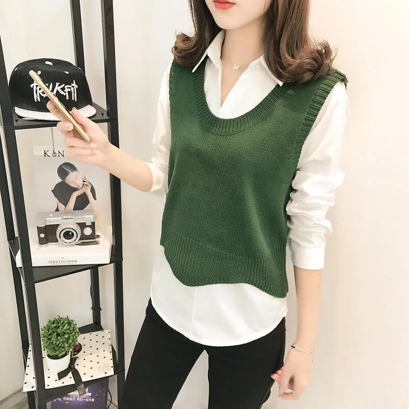 Irregular High Low Sweater Vest For Women Korean Style Fashion Sleeveless Knit Cover-Up Yellow Black Green Short Top