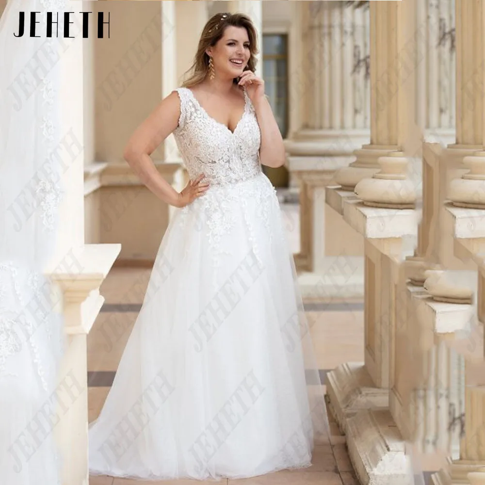 JEHETH Classic Wedding Dresses Boho Style Sleeveless V-Neck Plus Size Applique Bridal Gowns A-Line Tulle Robe De Mariee 2024