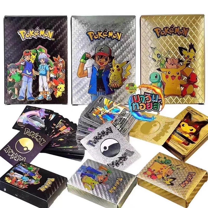 

55 шт. золотых фольгированных карт Pokemon с золотыми буквами на английском, испанском, французском, немецком языках, игровые карты Metalicas Charizard Vmax Gx Series, подарок