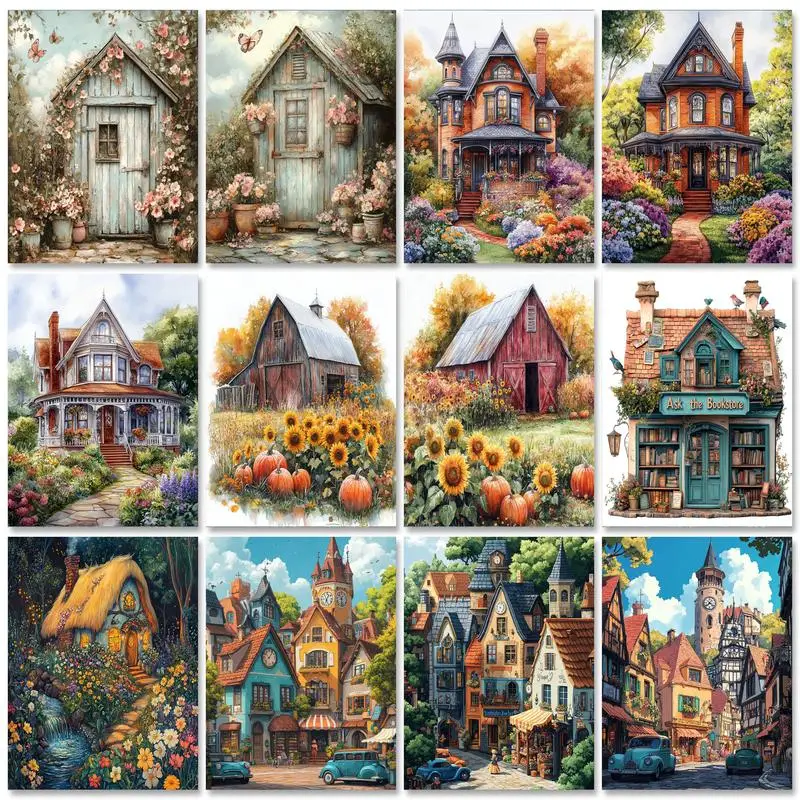 

PhotoCustom 5D DIY Diamond Painting House Cross Stitch Full Square Drill Diamond Embroidery Landscape Mosaic Needlework Home Dec