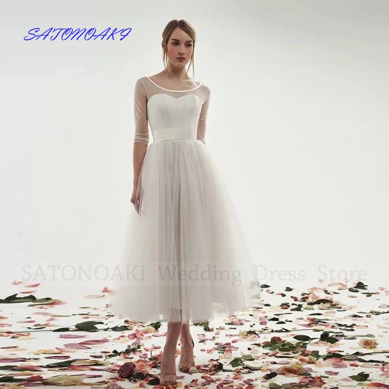 Vestidos De Novia Elegant Simple Tulle Short Wedding Dress For Women Scoop Neck Half Sleeve Bride Gown Robe Mariée Custom Made