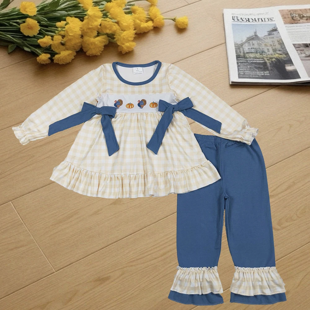

9.25 Kids Winter Clothes For Girls Embroidery Baby Girls Thanksgiving Turkey Pumpkins Bows Tunic Pants Sets