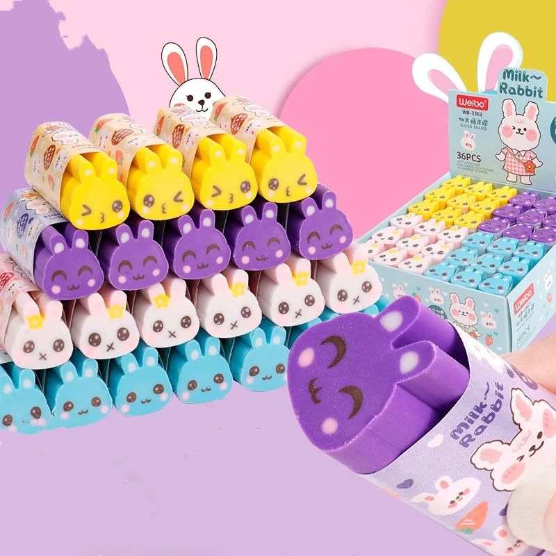 

36 pcs/lot Creative Rabbit Pencil Eraser Cute Writing Drawing Rubber Pencil Erasers Stationery Gifts School Supplies