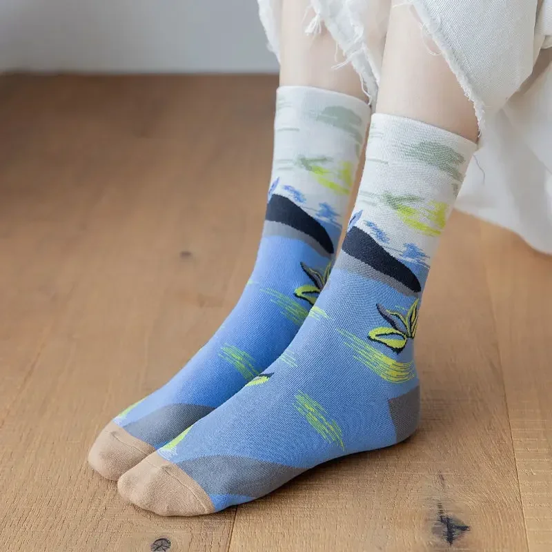 Fashion Women\'s Socks Harajuku Cotton Retro Art Funny Kawaii Oil Painting Landscape Sunflower Dinosaur Sock for Christmas Gift