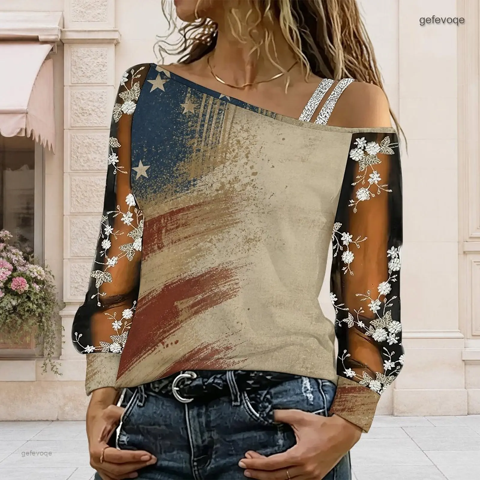 Women Asymmetric Cold Shoulder Printed Polka Dot Brush Stroke Long Sheer Floral Embroidered Sleeve Top