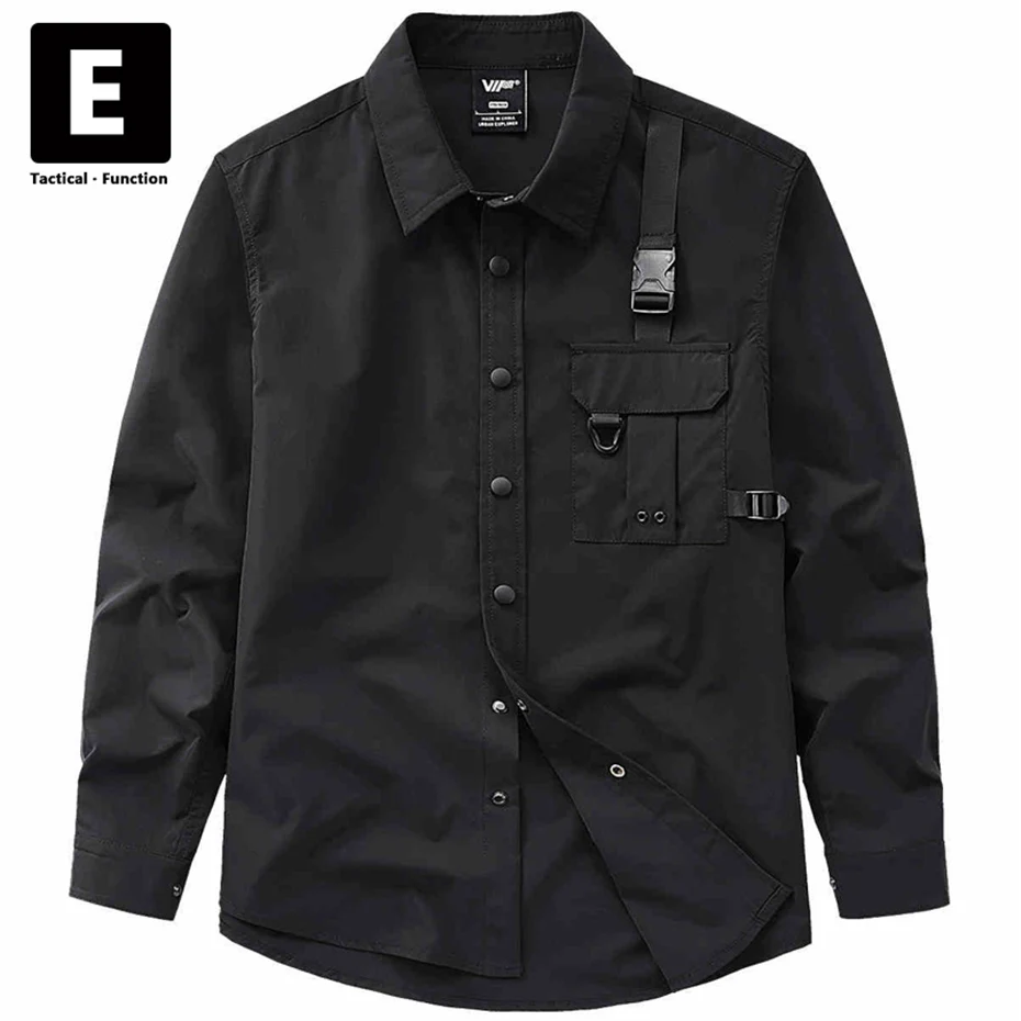 Spring Autumn Long Sleeve Shirts Men Black Cargo Shirt Hip Hop Streetwear Techwear Shirts Pocket Design Button Tactical Male