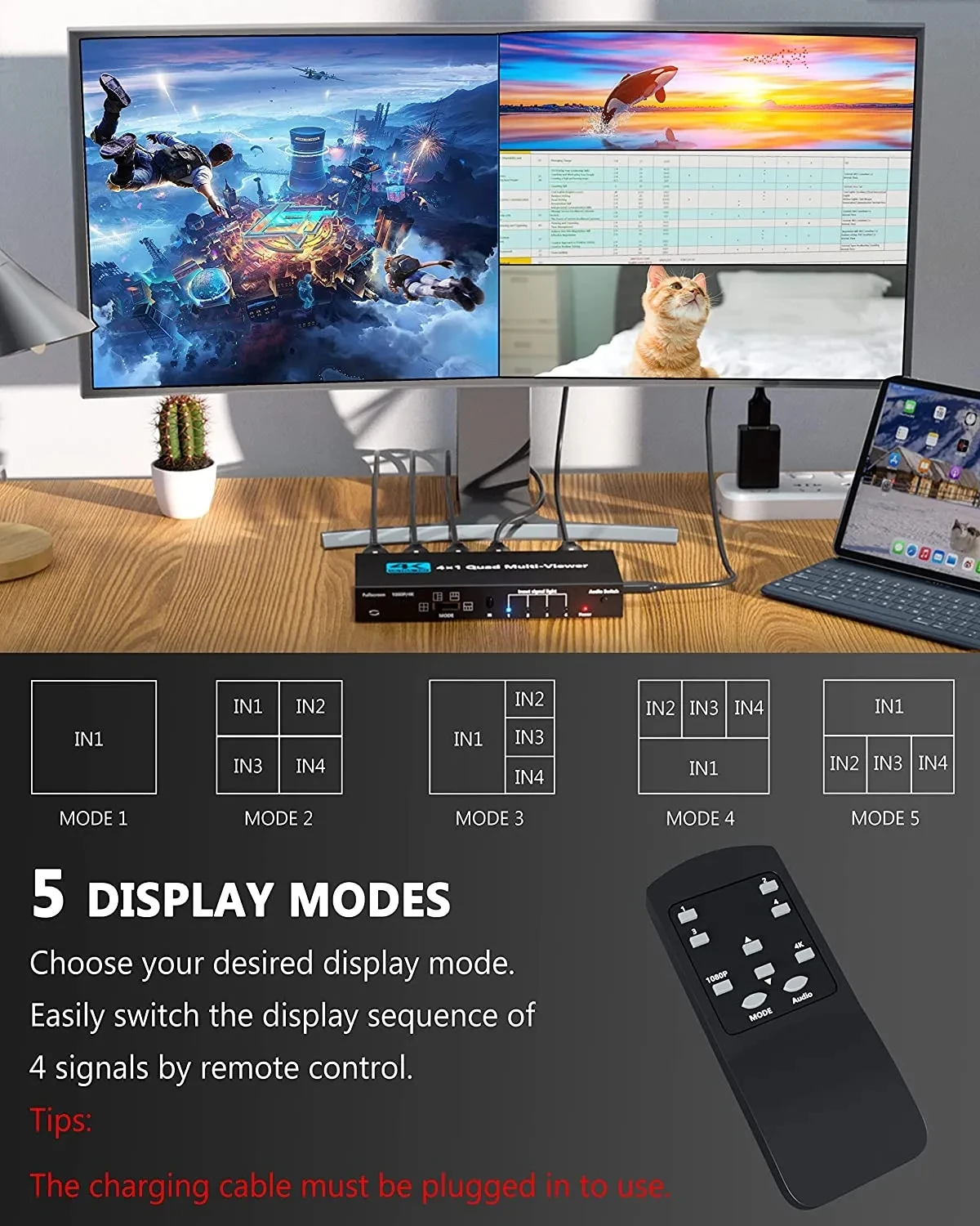 HDMI Multiviewer 4K 4X1 HDMI quad viewer 4 in 1 HDMI Multi-viewer seamless hdmi switcher Switch with Remote conttrol and scaler