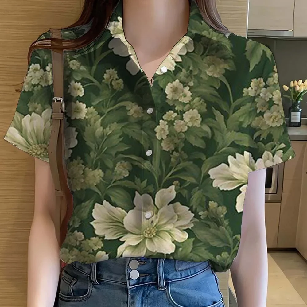 Damen-Hemden, tropische Pflanzenblätter, 3D-gedrucktes hawaiianisches Kurzarm-Strandhemd mit Knöpfen, Sommer, lässige Streetwear, weibliche Blusen